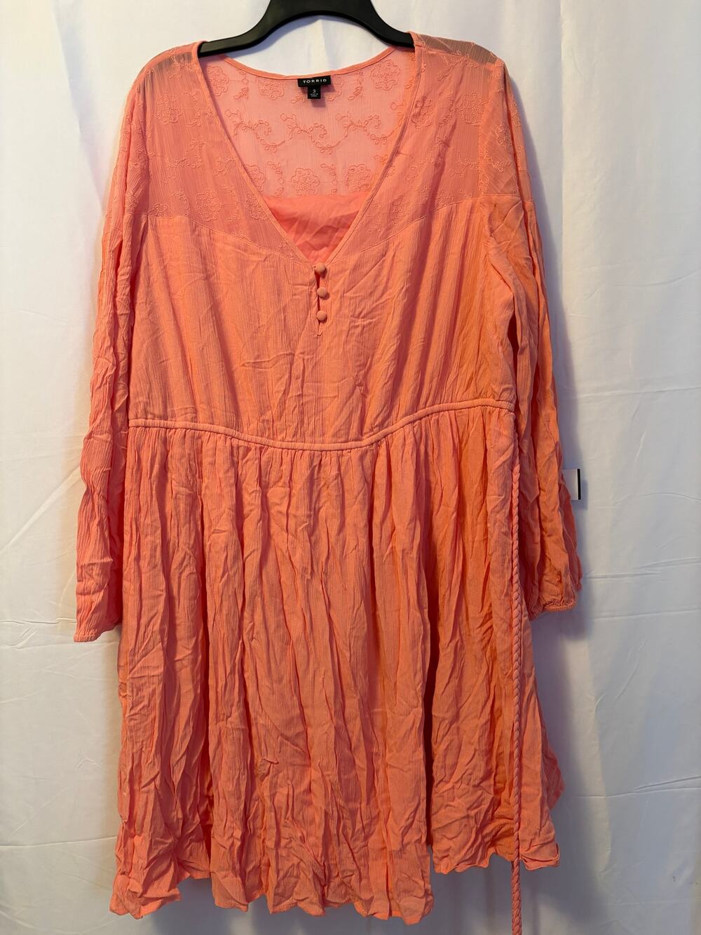 Torrid Embroidered Floral Long Sleeve Dress Coral Pink Orange Women's Sz 3X